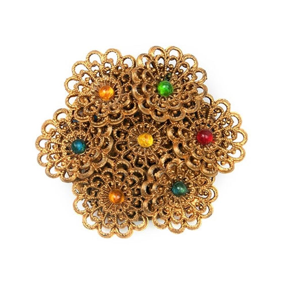 1940s Jewel Tone Cabochons Layered Plastic Celluloid Flower Floral Brooch Pin